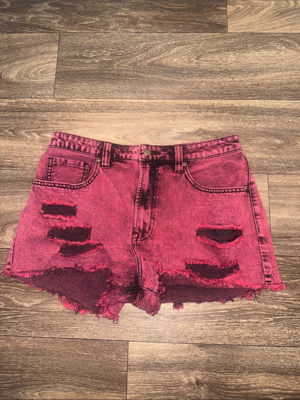High-Rise Distressed red Denim Cutoff Shorts